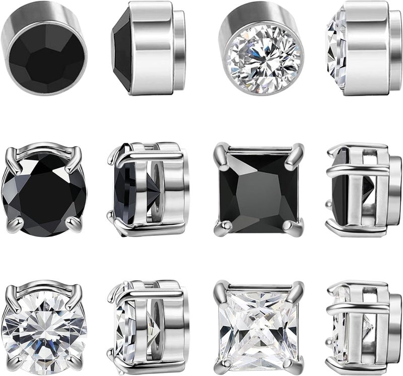 NEWITIN 6 Pairs Stainless Steel Magnetic Stud Earrings for Men Clip on Earring Magnetic Earring Unisex Non Piercing CZ Magnet Studs Diamond Earrings for Women Men - Image 1